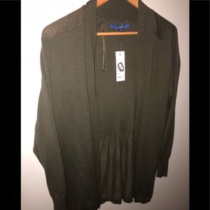 Olive green open cardigan.